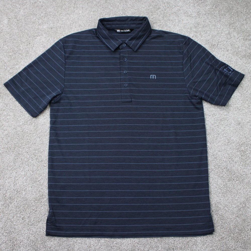 Travis Mathew Polo Shirt Mens Medium Blue Striped Golf Short Sleeve‎ Pullover